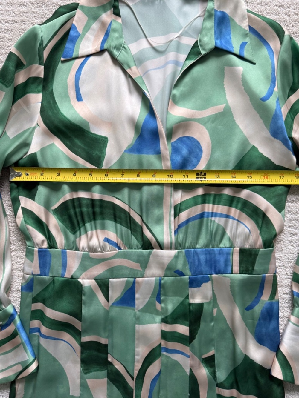ZARA | Abstract Geometric Print Green, Cream & Blue Pleated Shirt Dress Sz L - Picture 3 of 10
